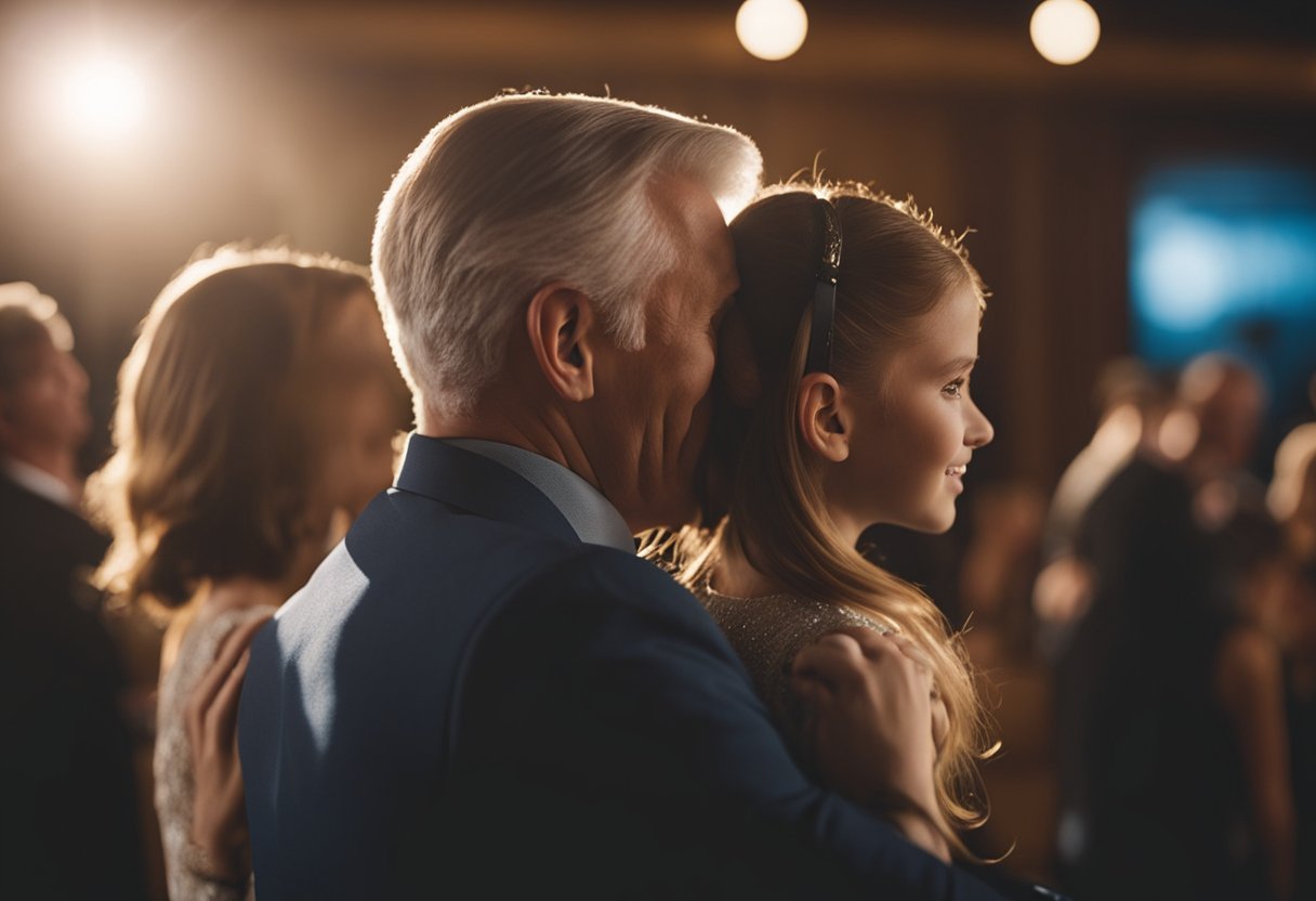 A father and daughter sway to classic rock and R&B songs at their dance, surrounded by a warm and loving atmosphere