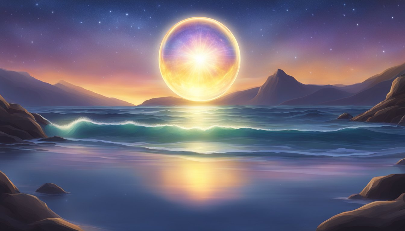 A glowing orb hovers above a serene landscape, emanating waves of light and energy, symbolizing spiritual messages and meaning