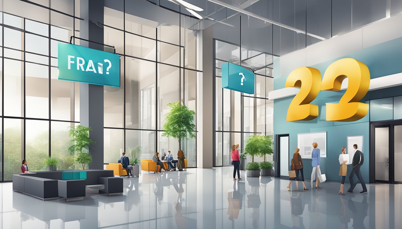 A large, bold "Frequently Asked Questions 2223 Bedeutung" sign hanging in a bustling, modern office lobby