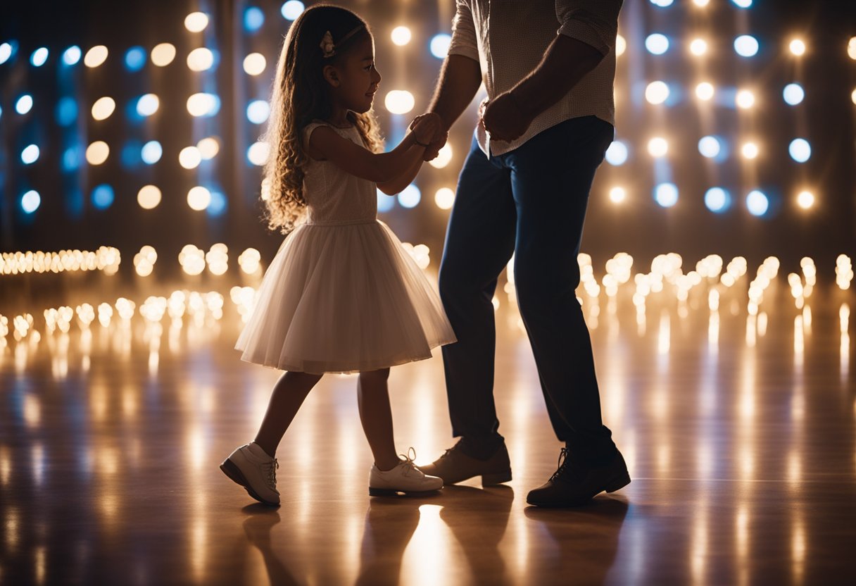 A father and daughter stand on a dance floor, surrounded by soft lighting. They share a tender moment as they sway to the music, creating a heartwarming scene