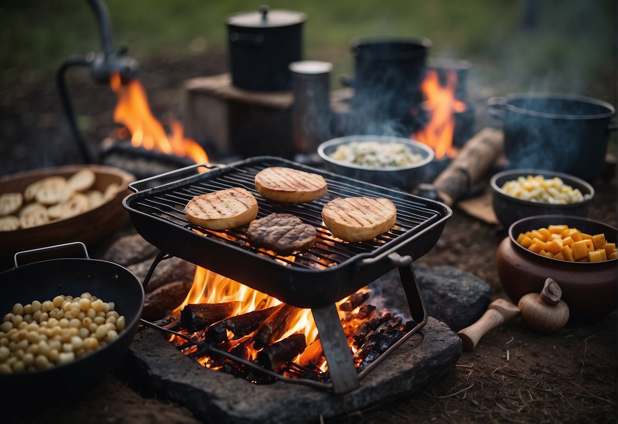 A campfire surrounded by a variety of simple cooking equipment and ingredients, including a grill, skewers, a pot, canned goods, and a cooler