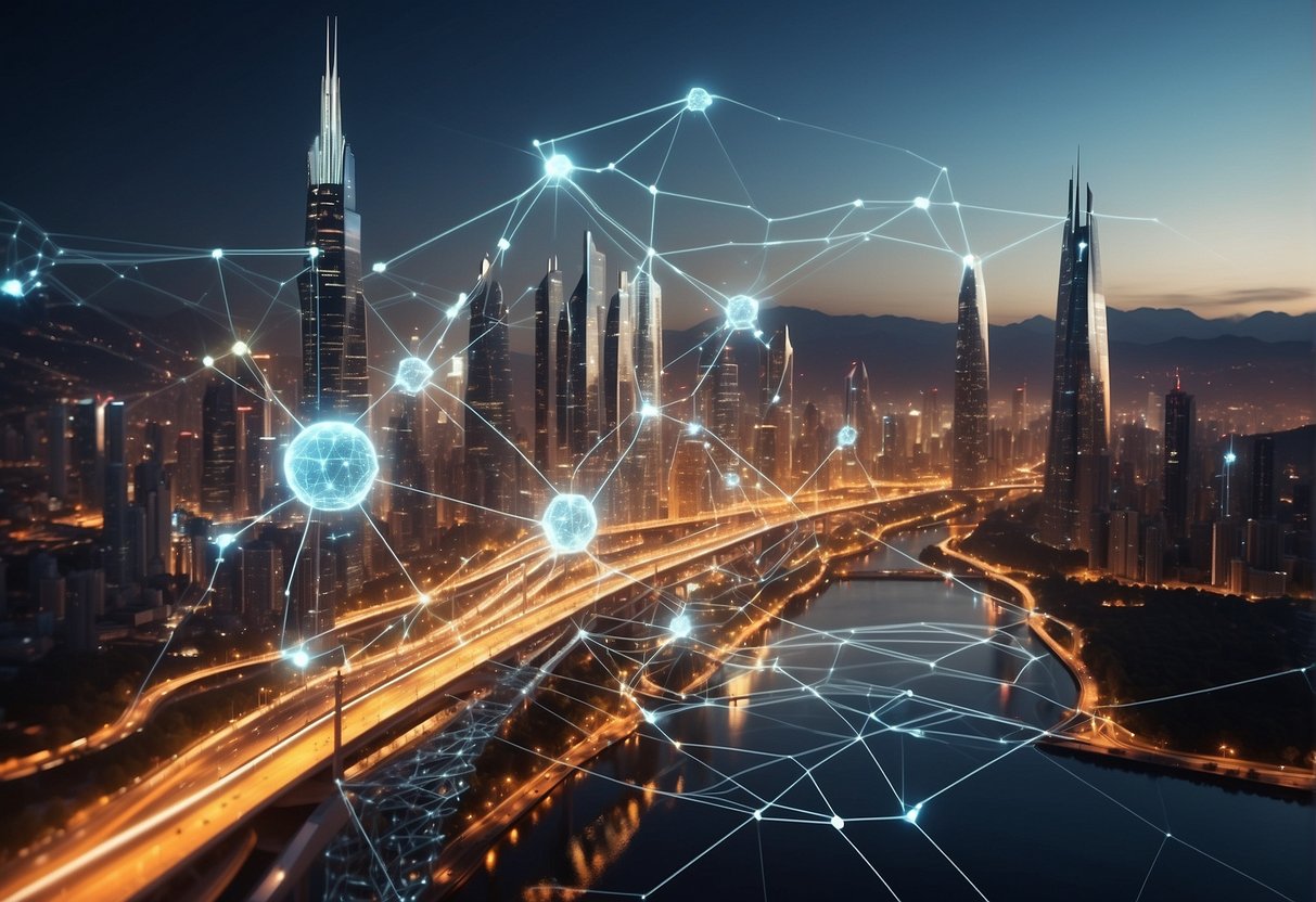 A futuristic city skyline with interconnected blockchain nodes and digital transaction streams, symbolizing efficiency and transparency in post-trade operations