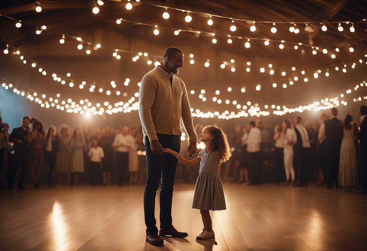 A father and daughter stand on a dance floor, smiling and holding each other close. The room is filled with soft, warm light, and music fills the air, creating a loving and joyful atmosphere