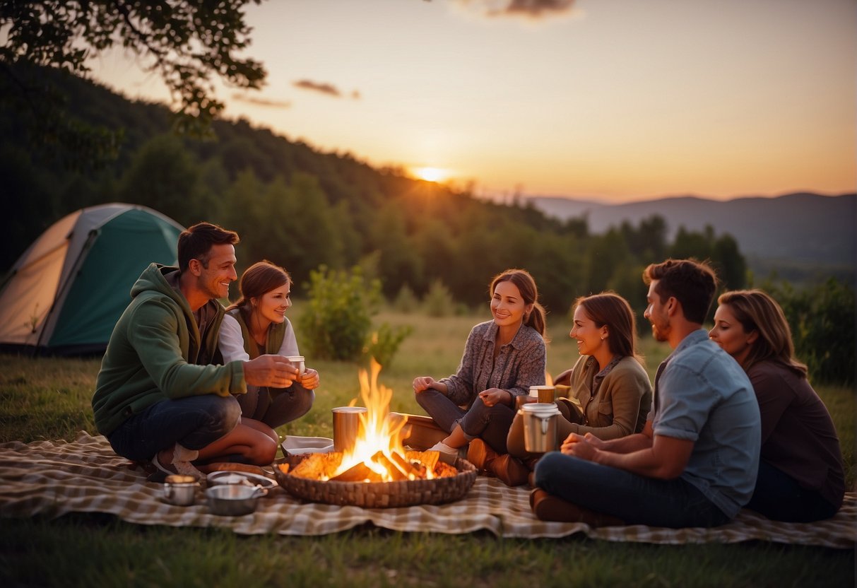A family sits around a campfire with a variety of easy camping meals laid out on a picnic table. The sun sets in the background as they plan their meals for the trip