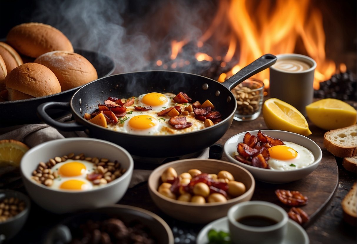 A campfire with a pot of coffee brewing, a skillet sizzling with bacon and eggs, a table set with assorted fruits, bread, and spreads