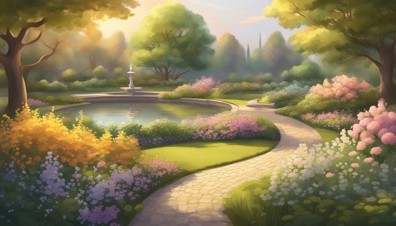 A serene garden with blooming flowers and a winding path leading to a tranquil pond, surrounded by trees and bathed in soft, golden light