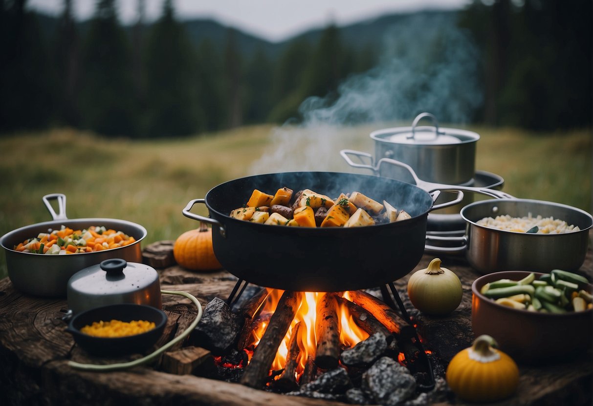 A campfire surrounded by pots and pans, with a variety of ingredients and utensils laid out for easy camping meals for the family