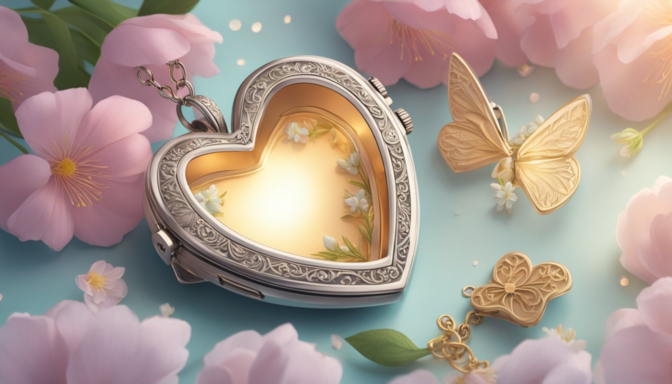 A heart-shaped locket opens, revealing a photo inside.</p><p>The background is filled with delicate flowers and soft lighting, evoking a sense of love and nostalgia