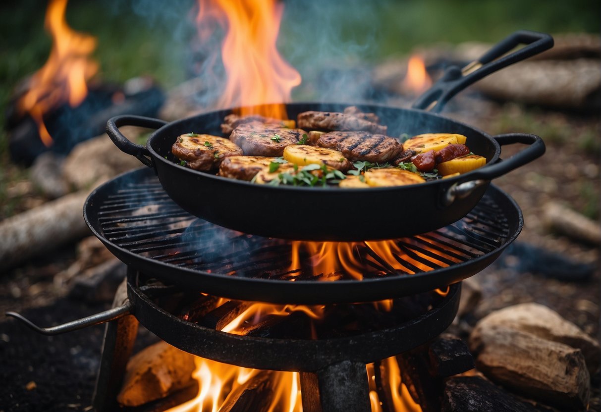 A campfire with a pot of stew simmering, a grill with sizzling burgers, and a table set with colorful plates and utensils