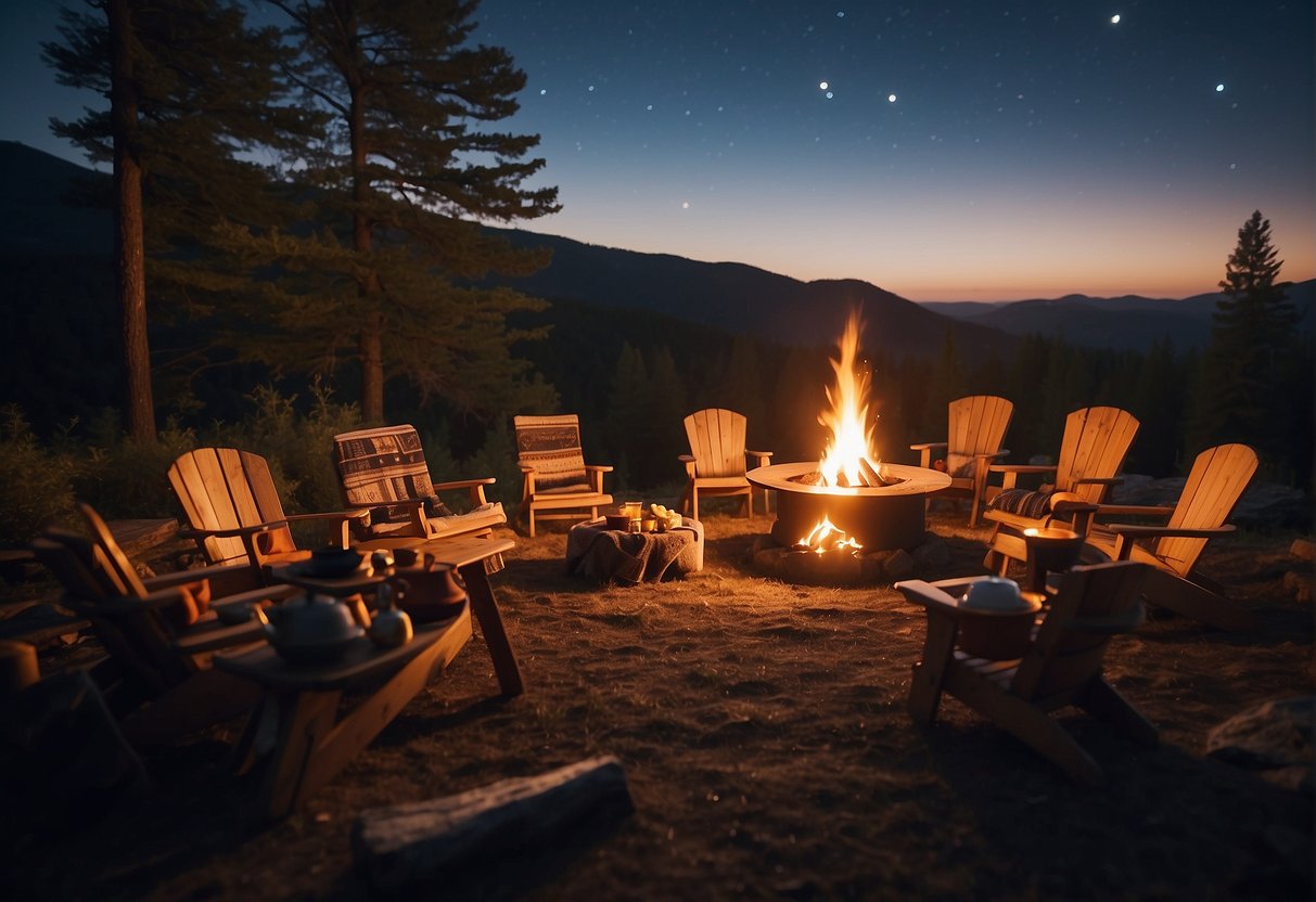 A cozy campfire with a variety of desserts laid out under the night sky, surrounded by camping gear and a peaceful outdoor setting