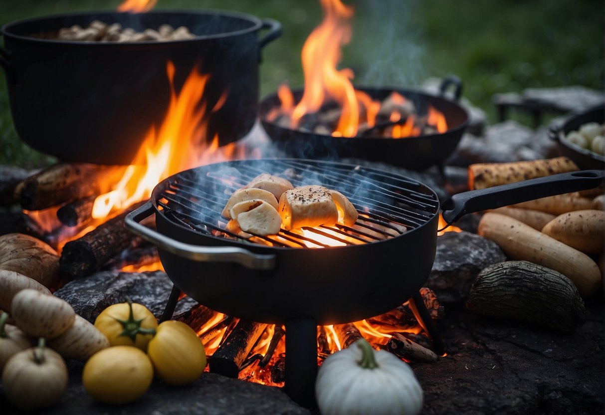 A campfire surrounded by a variety of cooking equipment, including a portable stove, a grill, and a Dutch oven. Ingredients such as vegetables, meats, and spices are laid out on a nearby table