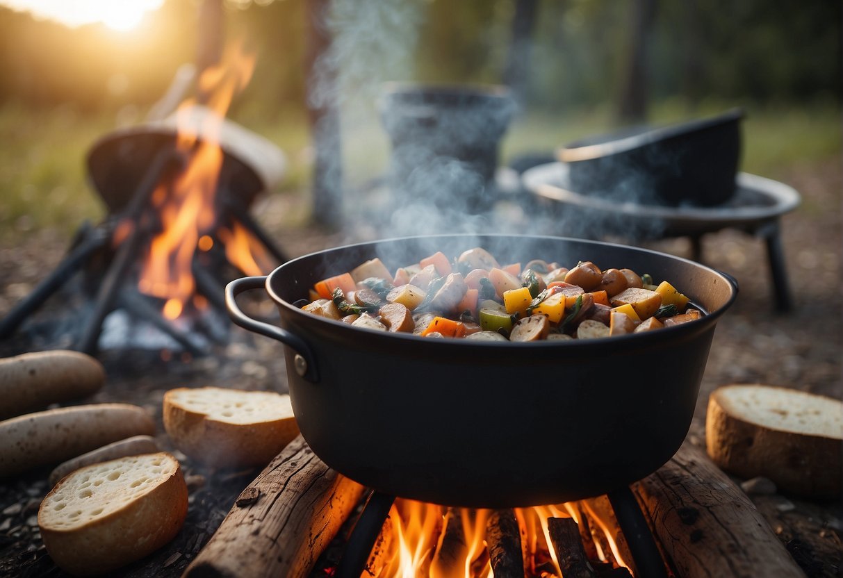 A campfire burns as a pot of stew simmers. A picnic table holds ingredients and utensils. A dishwashing station is set up nearby
