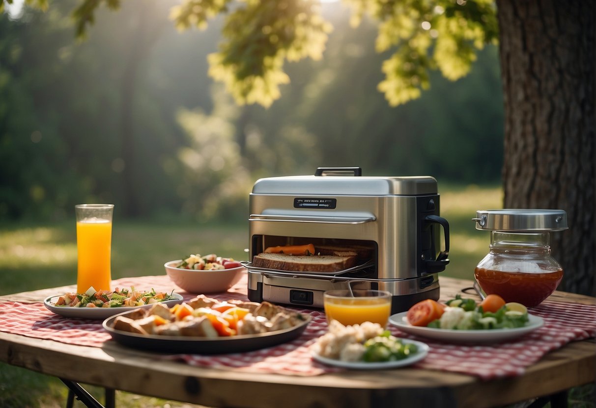 A picnic table set with a portable stove, food cooler, and a variety of easy meal ingredients. Surrounding trees and a clear sky indicate a pleasant outdoor setting for a family camping meal