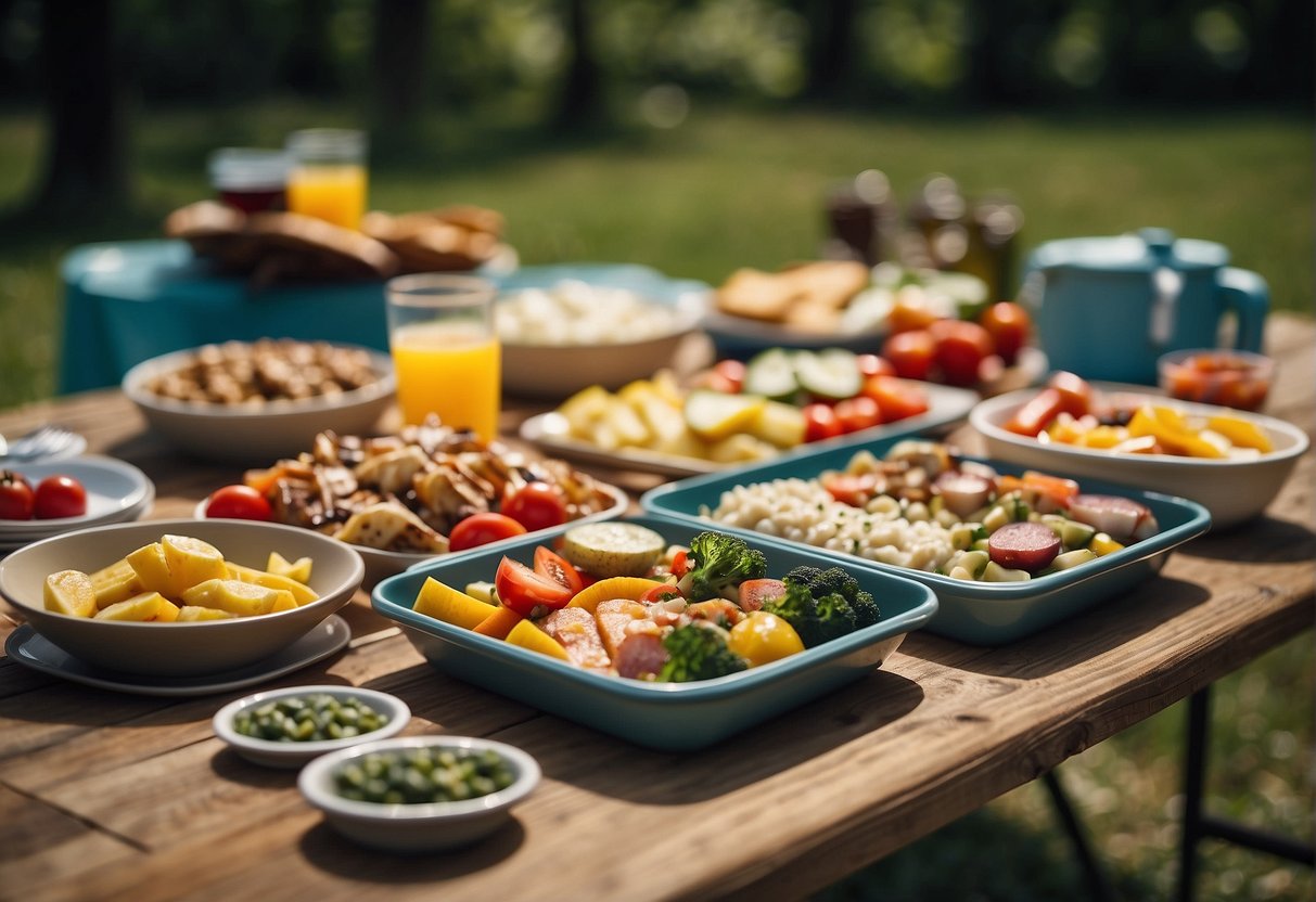 A picnic table set with a variety of colorful and appetizing camping meals, each labeled with dietary restrictions and allergy information