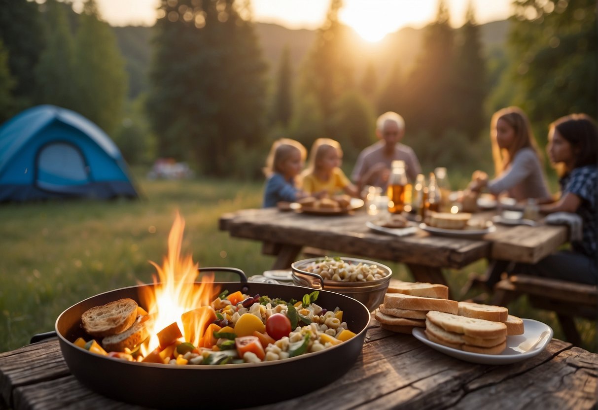 A picnic table is set with a variety of easy camping meals, surrounded by a family enjoying the outdoors. A campfire burns in the background as the sun sets behind the trees