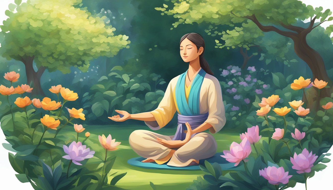 A serene figure meditates in a tranquil garden, surrounded by blooming flowers and lush greenery, symbolizing spiritual and personal growth