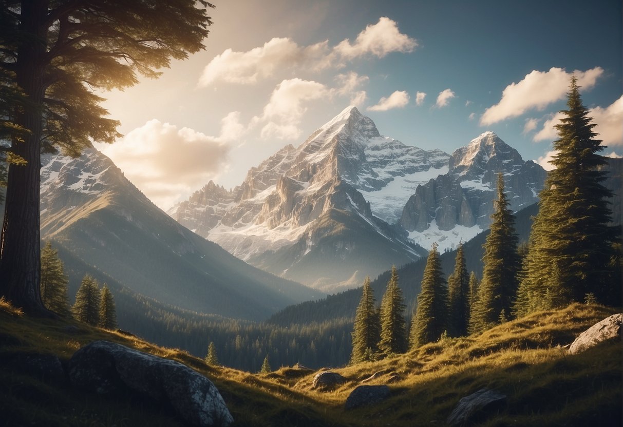 A towering mountain range, with massive trees and mythical creatures roaming below