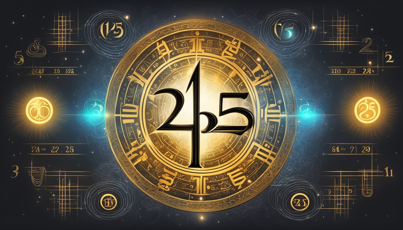 A table with two identical sets of numbers (245) surrounded by mystical symbols and a glowing aura, representing the numerological significance of the numbers 245
