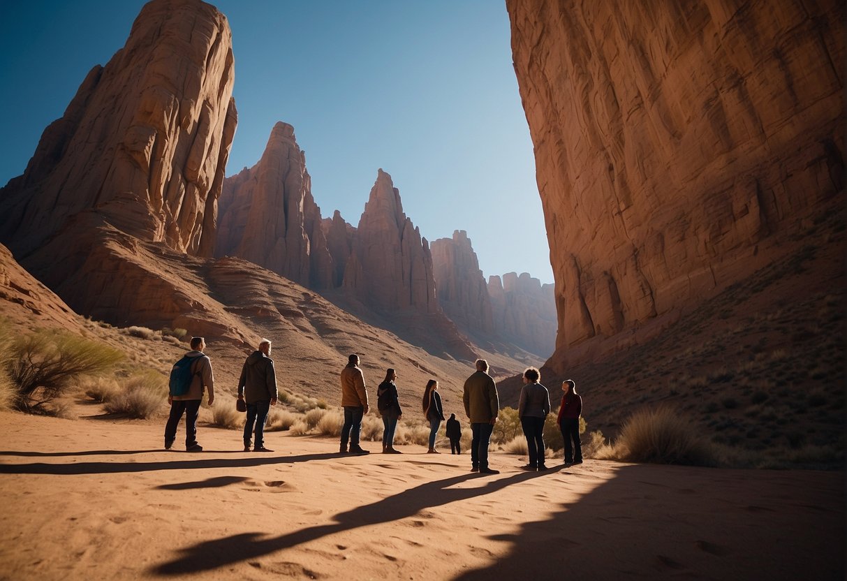 A group of towering giants stand amidst a fantastical landscape, their massive forms casting long shadows as they loom over the surrounding terrain
