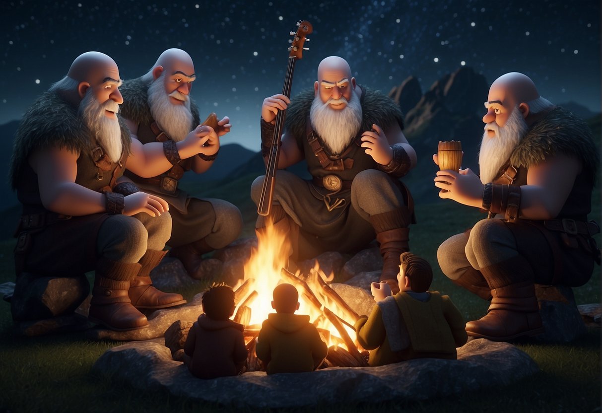Giants gather around a roaring campfire, sharing tales with animated gestures under a starry sky