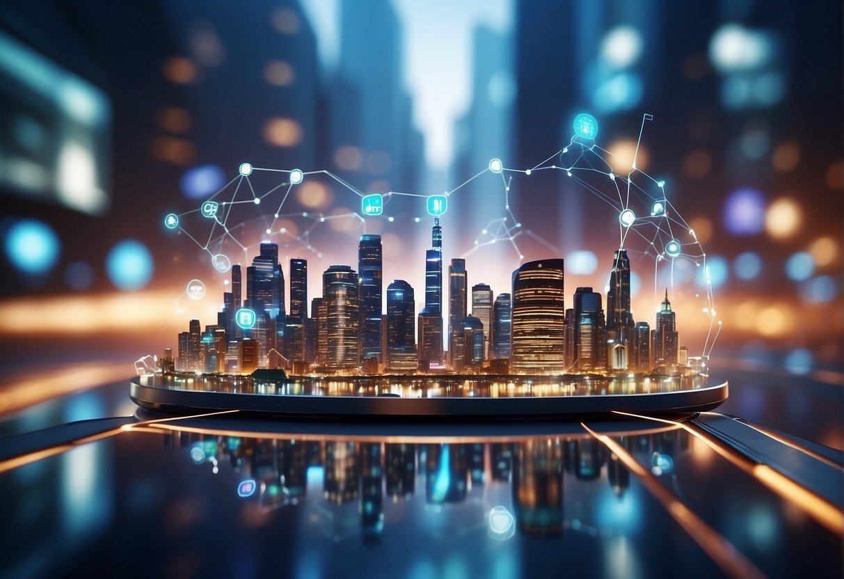 A futuristic cityscape with digital transactions flowing through interconnected blockchain networks, symbolizing secure post-trade processing and settlement