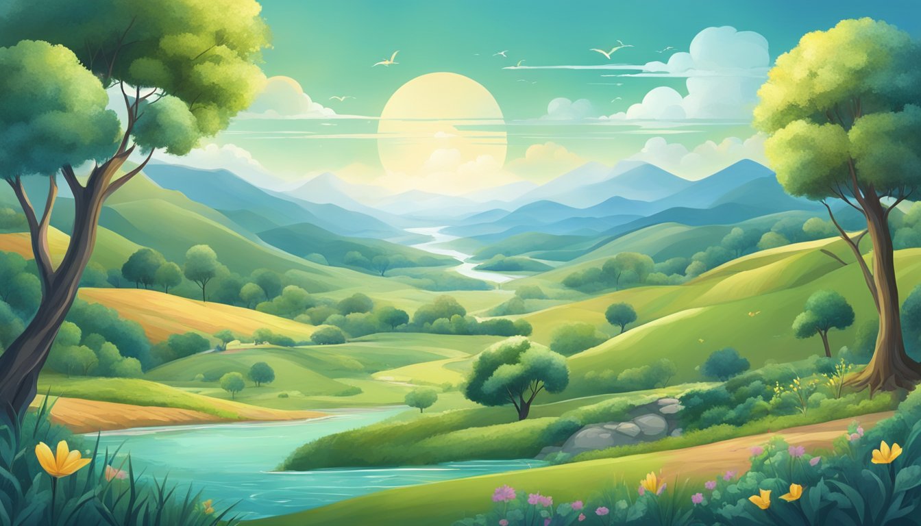 A serene landscape with various interconnected elements symbolizing the importance of different aspects of life