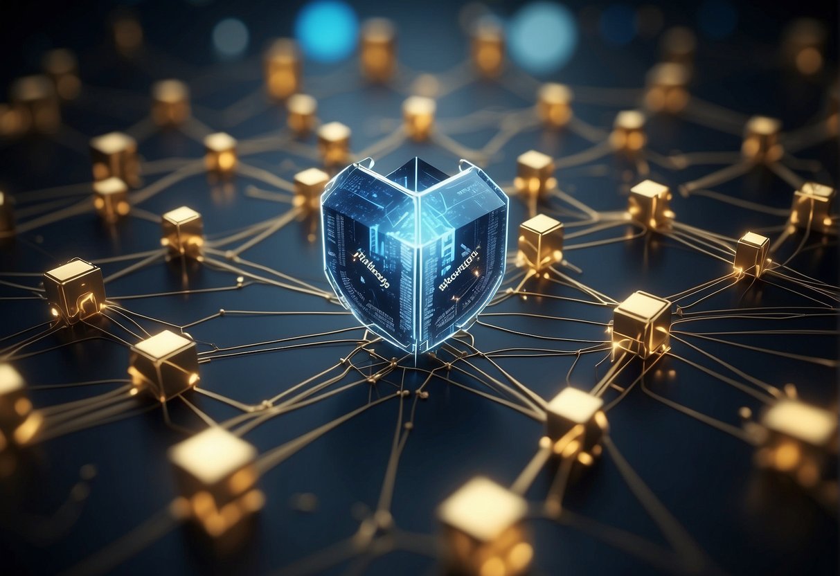 A network of interconnected blocks symbolizing blockchain technology, with arrows representing the flow of information, surrounded by a shield warding off potential risks