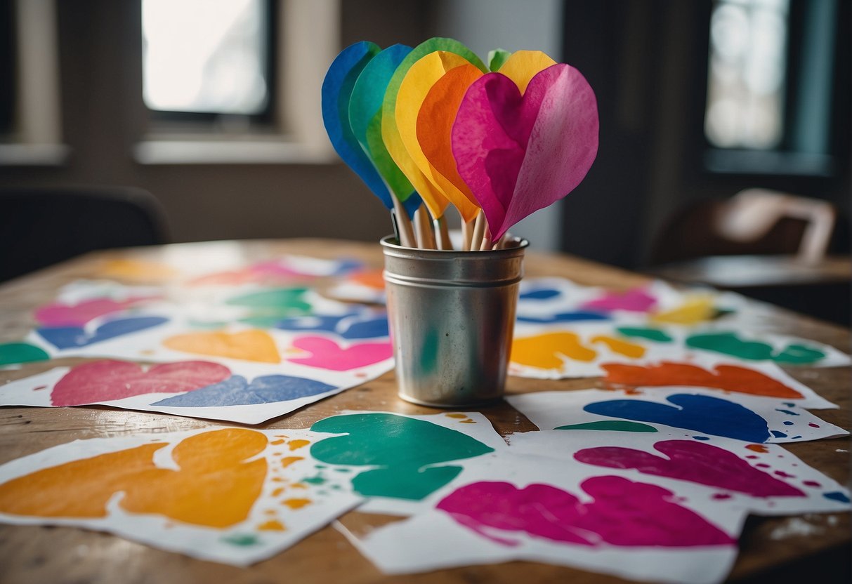 Bright colored paper, paint, and heart-shaped stencils scattered on a table. Handprints in different colors drying on paper