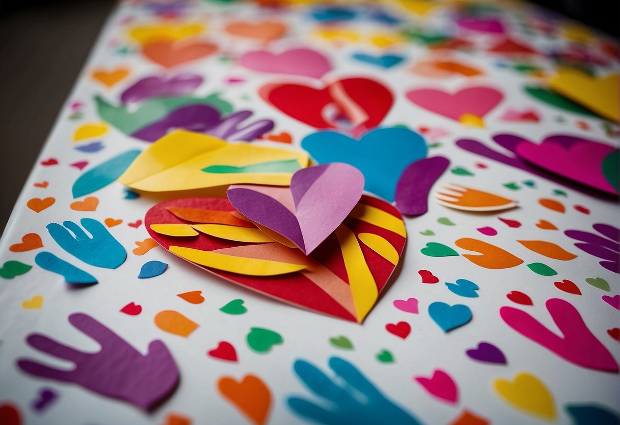 A table covered in colorful paper, scissors, glue, and heart-shaped cutouts. Handprints in various sizes and colors adorn the paper, creating a charming array of handprint valentine crafts