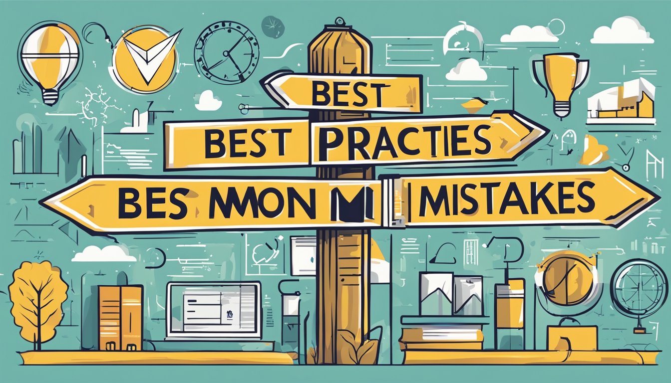 A clear signpost with "Best Practices and Common Mistakes 301 Meaning" in bold letters, surrounded by various symbols and icons representing different concepts and ideas