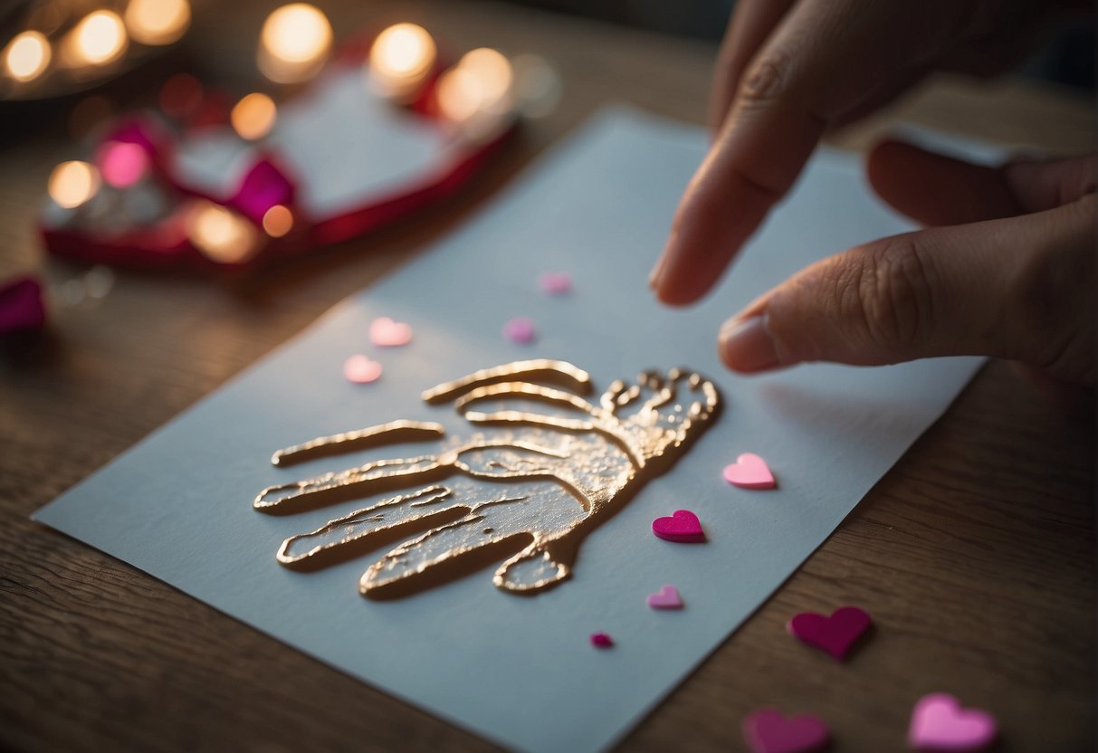 A handprint valentine craft is being created step by step