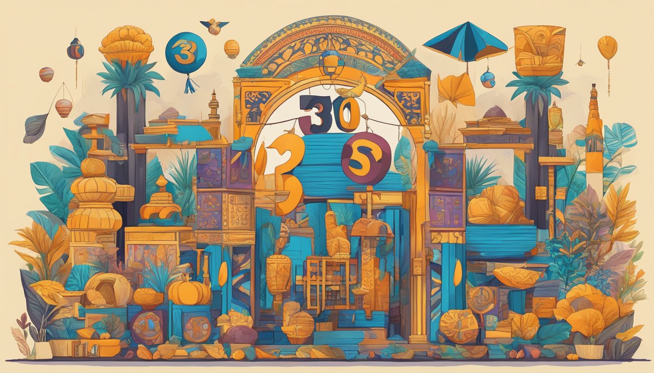 A vibrant cultural scene with symbols and artifacts representing the significance of the number 305