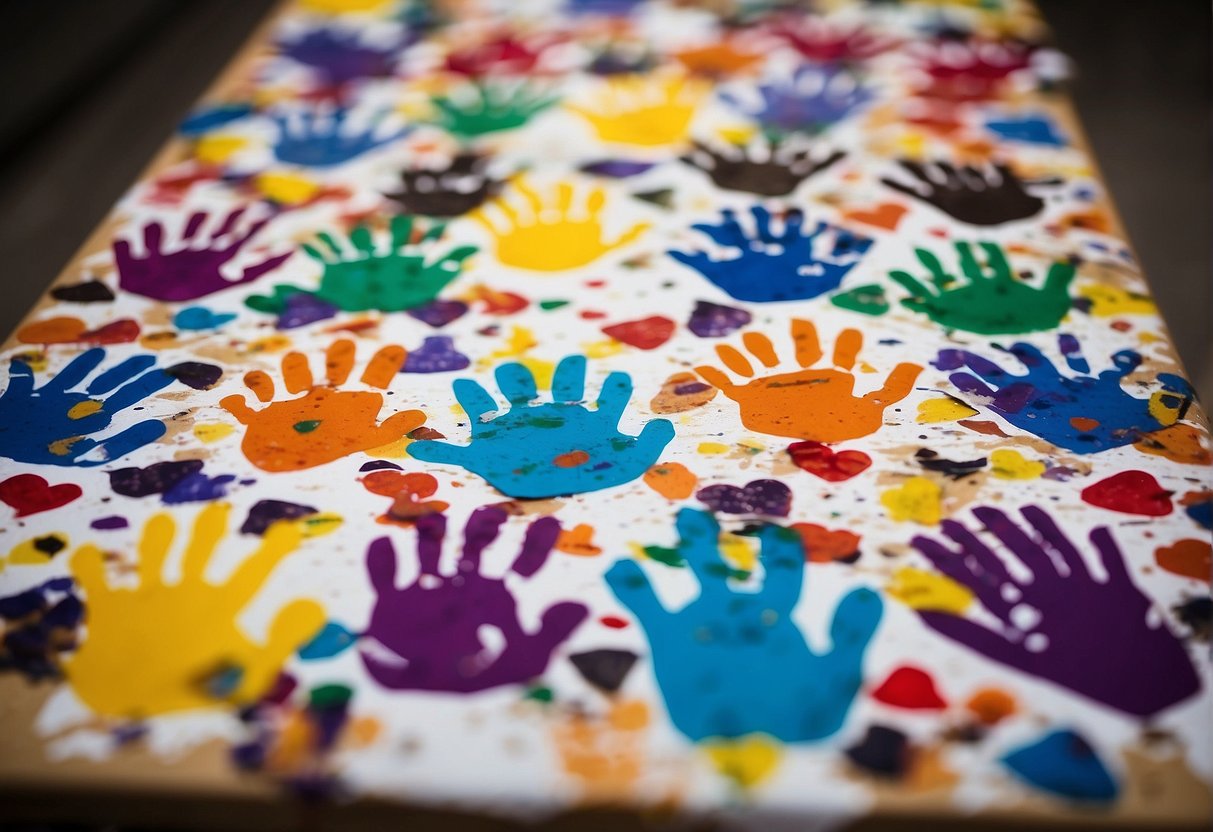A table covered in colorful paper, paint, and markers. Handprints in various sizes and colors scattered across the paper, with heart shapes and personalized messages written around them