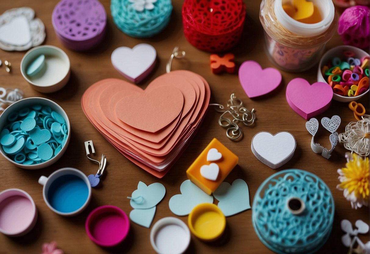 A table covered in colorful craft supplies and heart-shaped paper, with glue and scissors ready for use