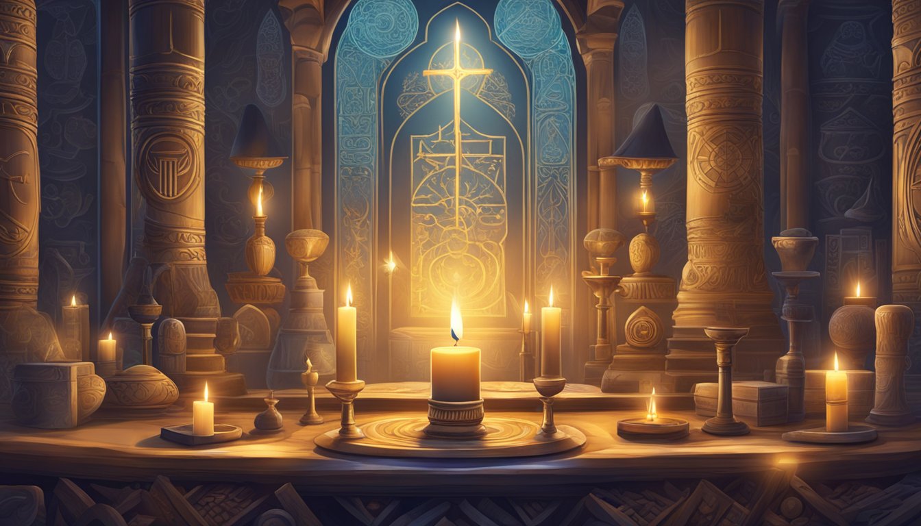 A glowing candle illuminates a serene and sacred space, surrounded by ancient symbols and spiritual artifacts