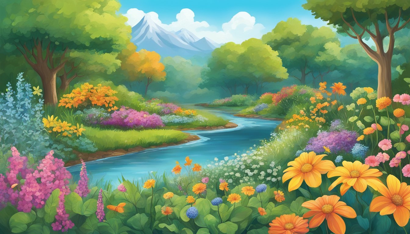 A vibrant garden with diverse flora, a flowing stream, and a clear blue sky, representing the interconnectedness of nature and the cycle of life