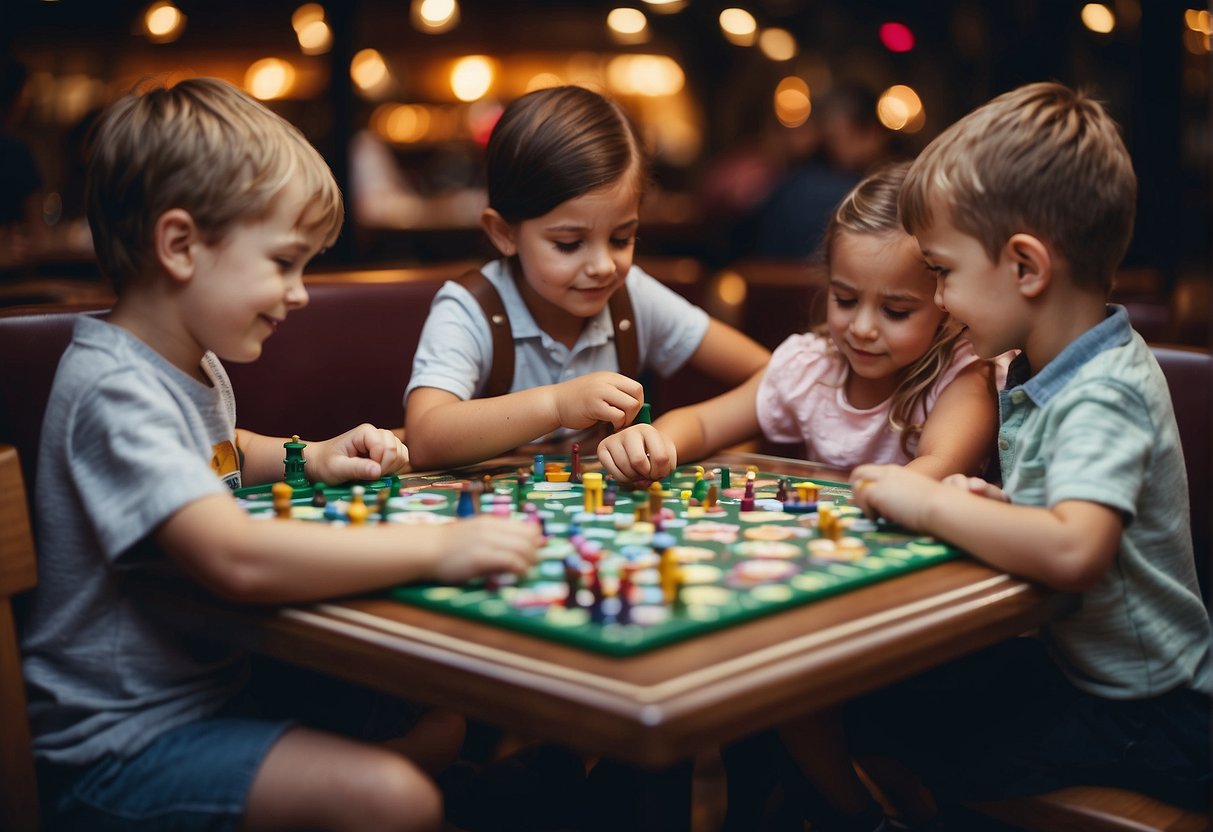 Children playing board games and coloring at a restaurant table