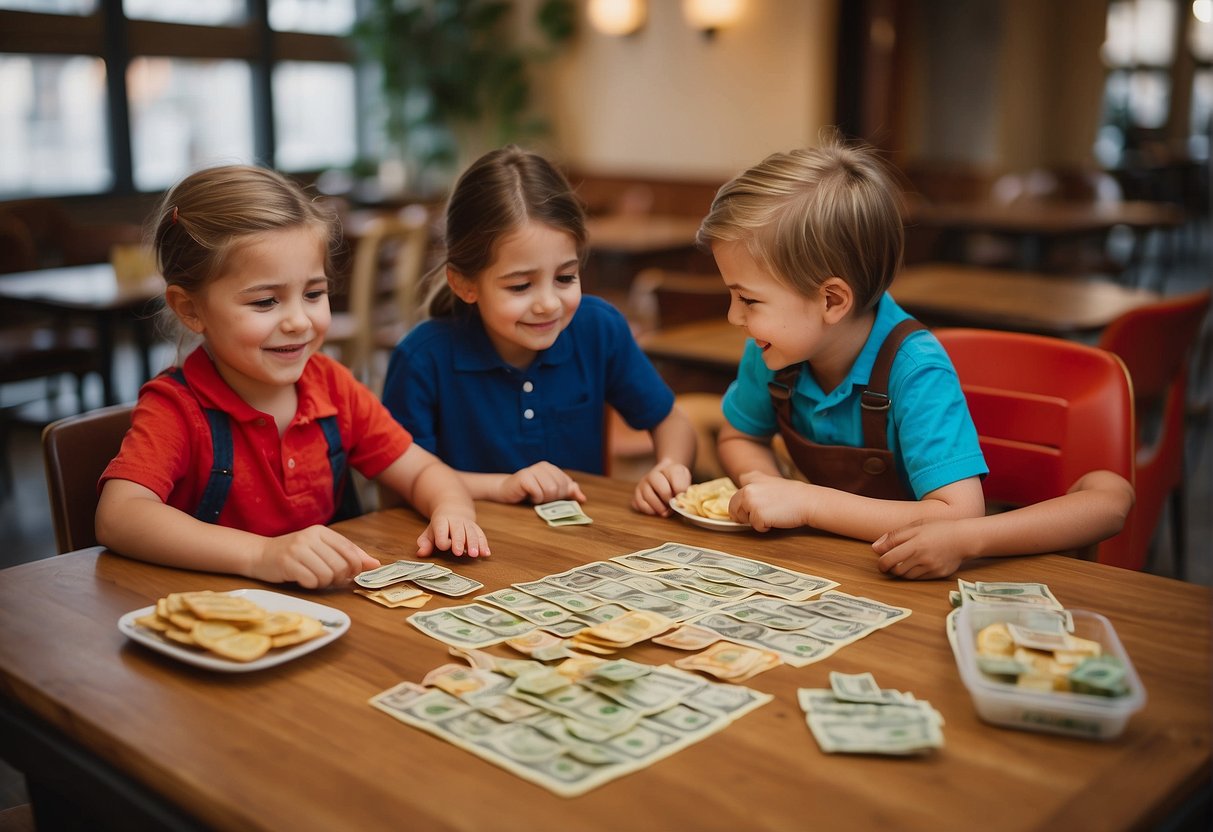 Children playing restaurant games: a pretend kitchen set with plastic food, menus, and play money. A small table with chairs for customers to sit and order