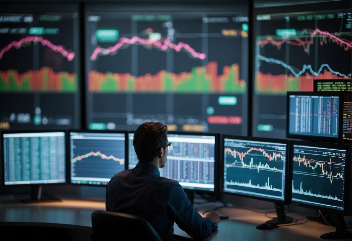 Traders monitor screens as algorithmic trading impacts market. Data charts and graphs display market trends and fluctuations
