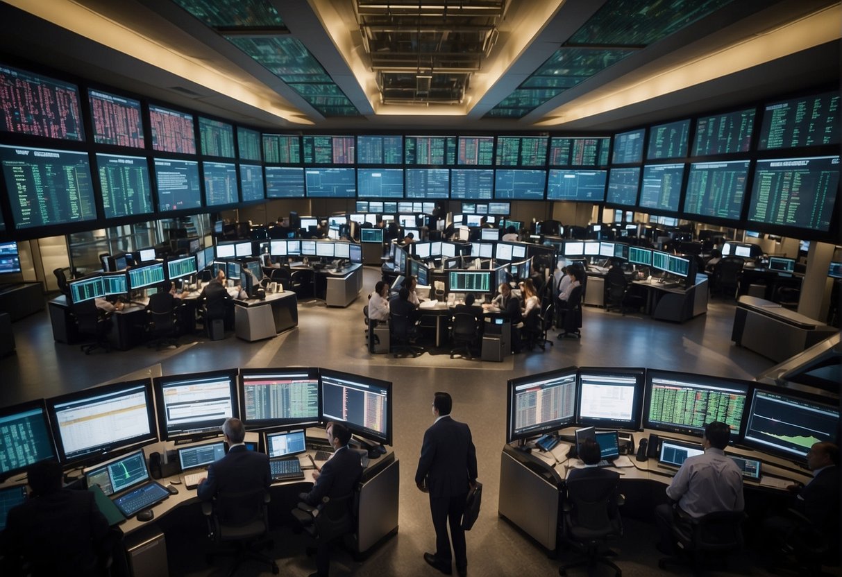 A bustling stock exchange floor with multiple screens displaying real-time market data, traders executing rapid transactions, and algorithms processing complex trading strategies