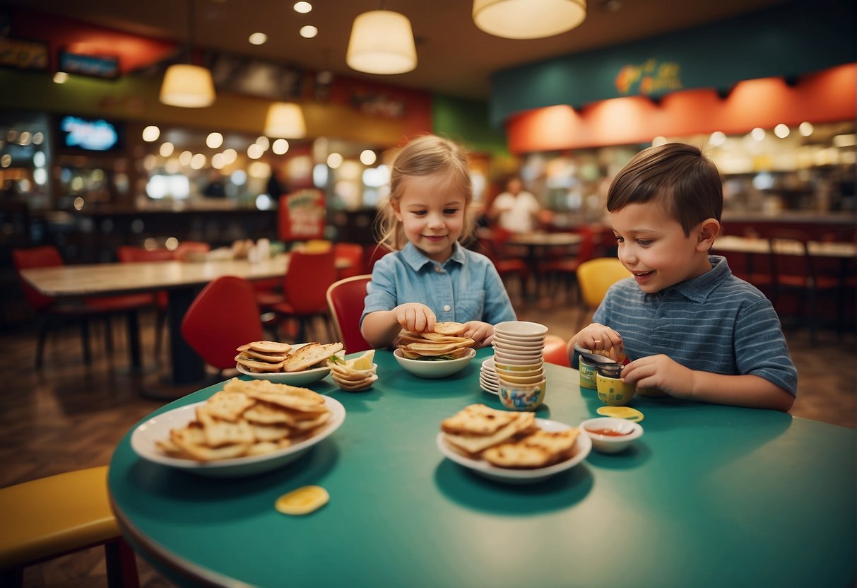 Children playing restaurant games, serving and pretending to eat food. Tables set with play dishes, menus, and cash register. Colorful and lively atmosphere