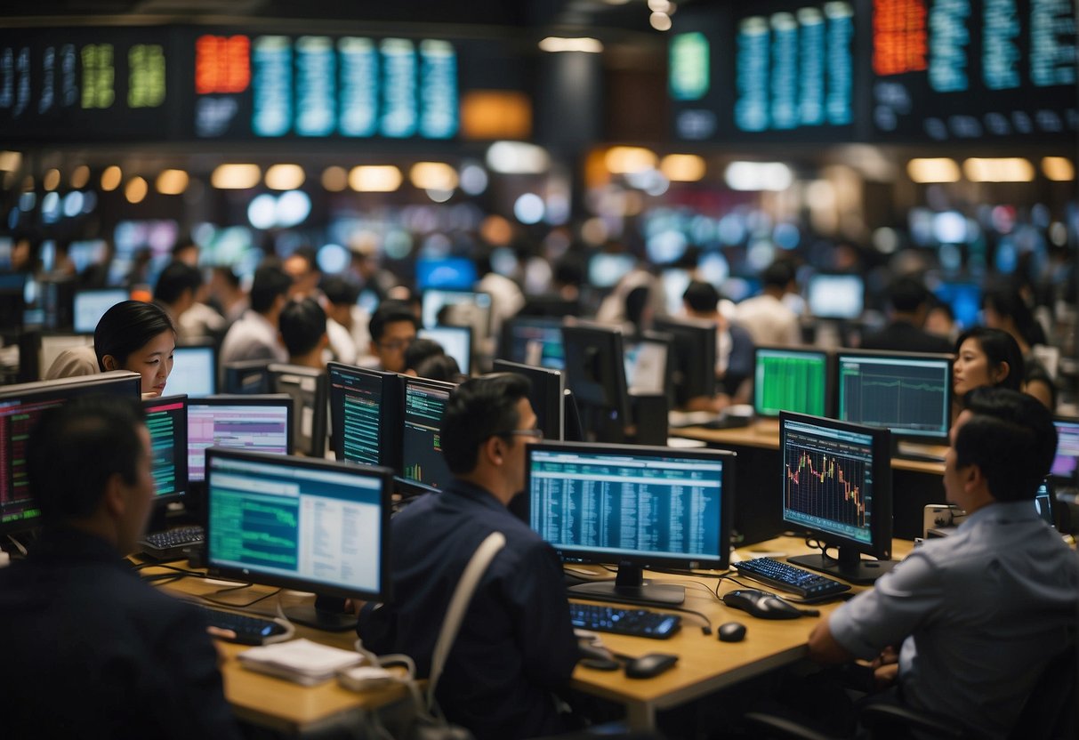 A bustling market with various trading venues, displaying the impact of algorithmic trading through dynamic price movements and high trading volumes