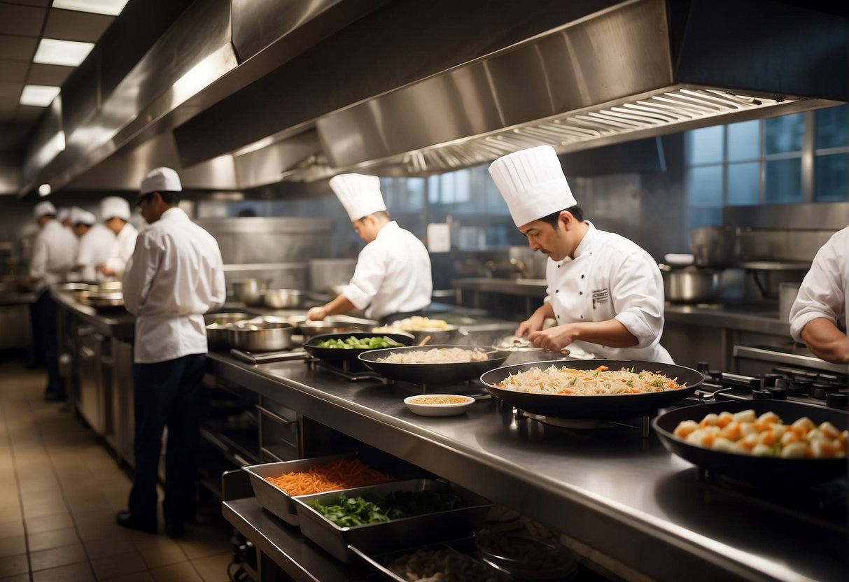 A bustling restaurant kitchen with chefs preparing various cuisines from around the world. A sushi bar, pizza oven, and wok station are all in full swing