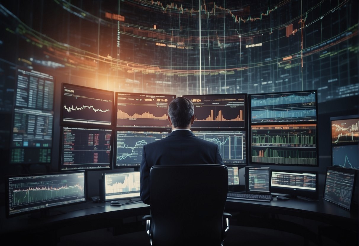 A chaotic stock market with fluctuating graphs and data streams, surrounded by a web of interconnected algorithms and trading patterns