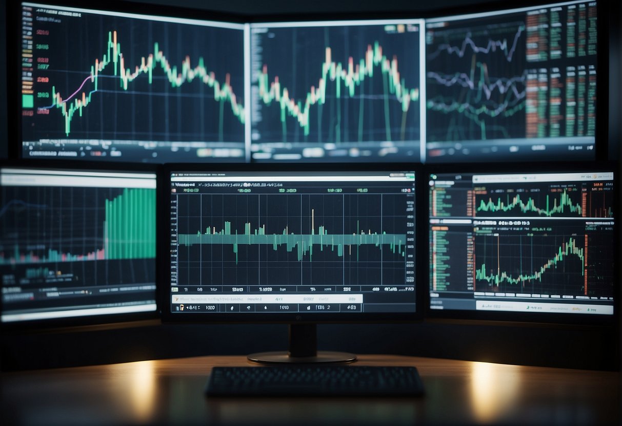 A computer screen displays real-time stock data, while a complex algorithm runs in the background. Charts and graphs illustrate market trends and trading patterns