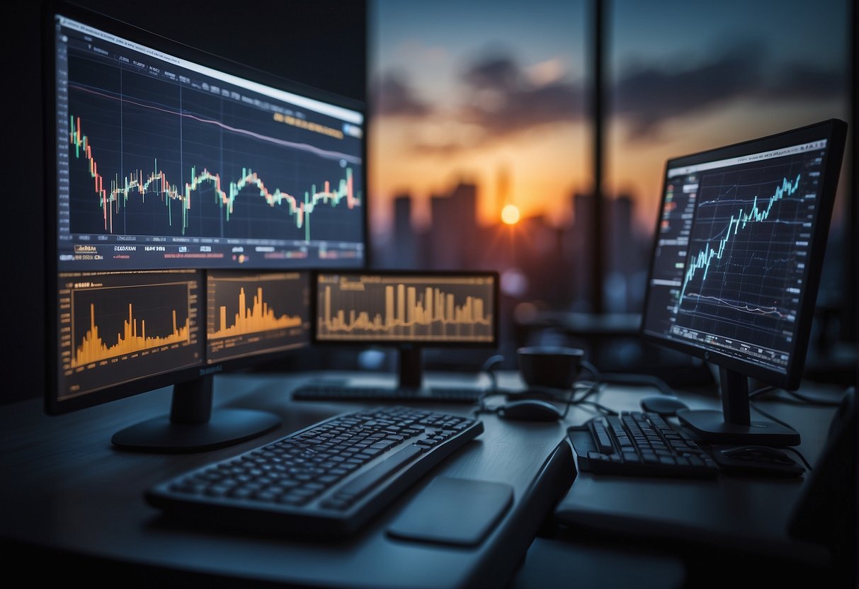 Various charts and graphs showing market trends, trading volumes, and algorithmic strategies in action. Computer screens displaying real-time data and trading algorithms at work
