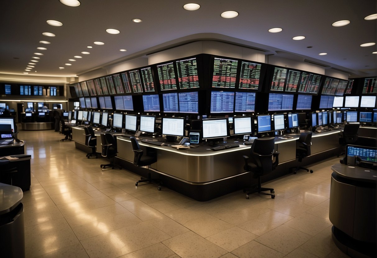 The bustling stock exchange floor, filled with screens and flashing numbers, as algorithmic trading impacts market movements