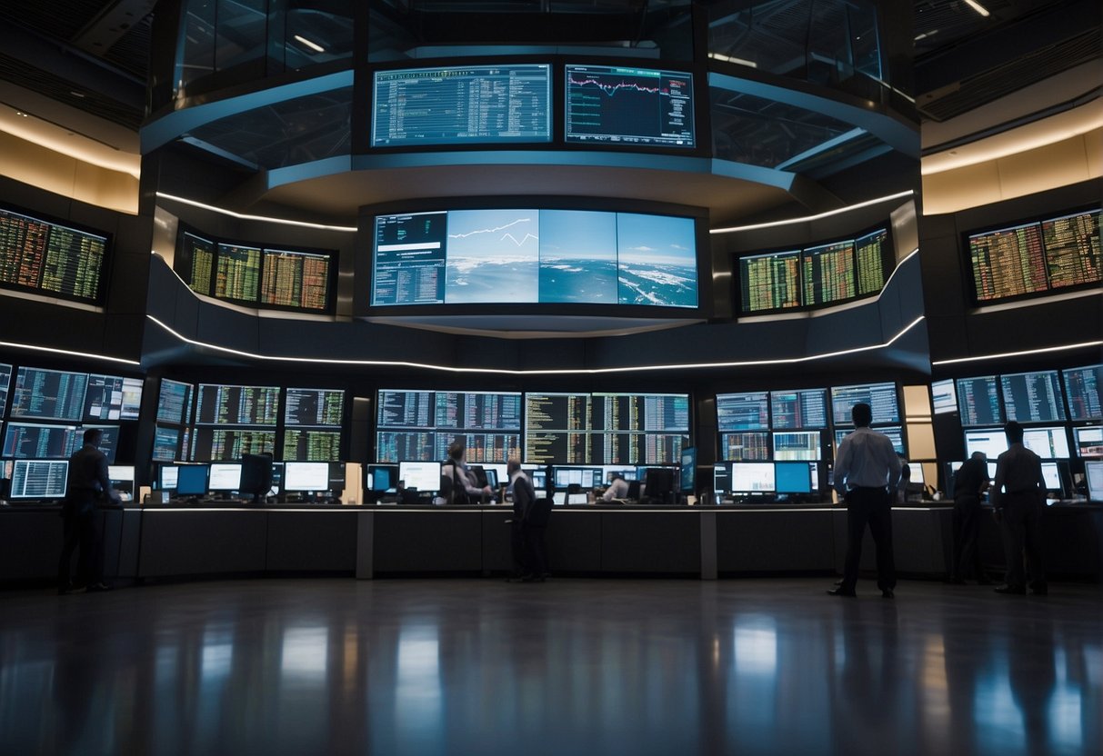 A bustling stock exchange floor with computer screens and charts, showing the impact of algorithmic trading