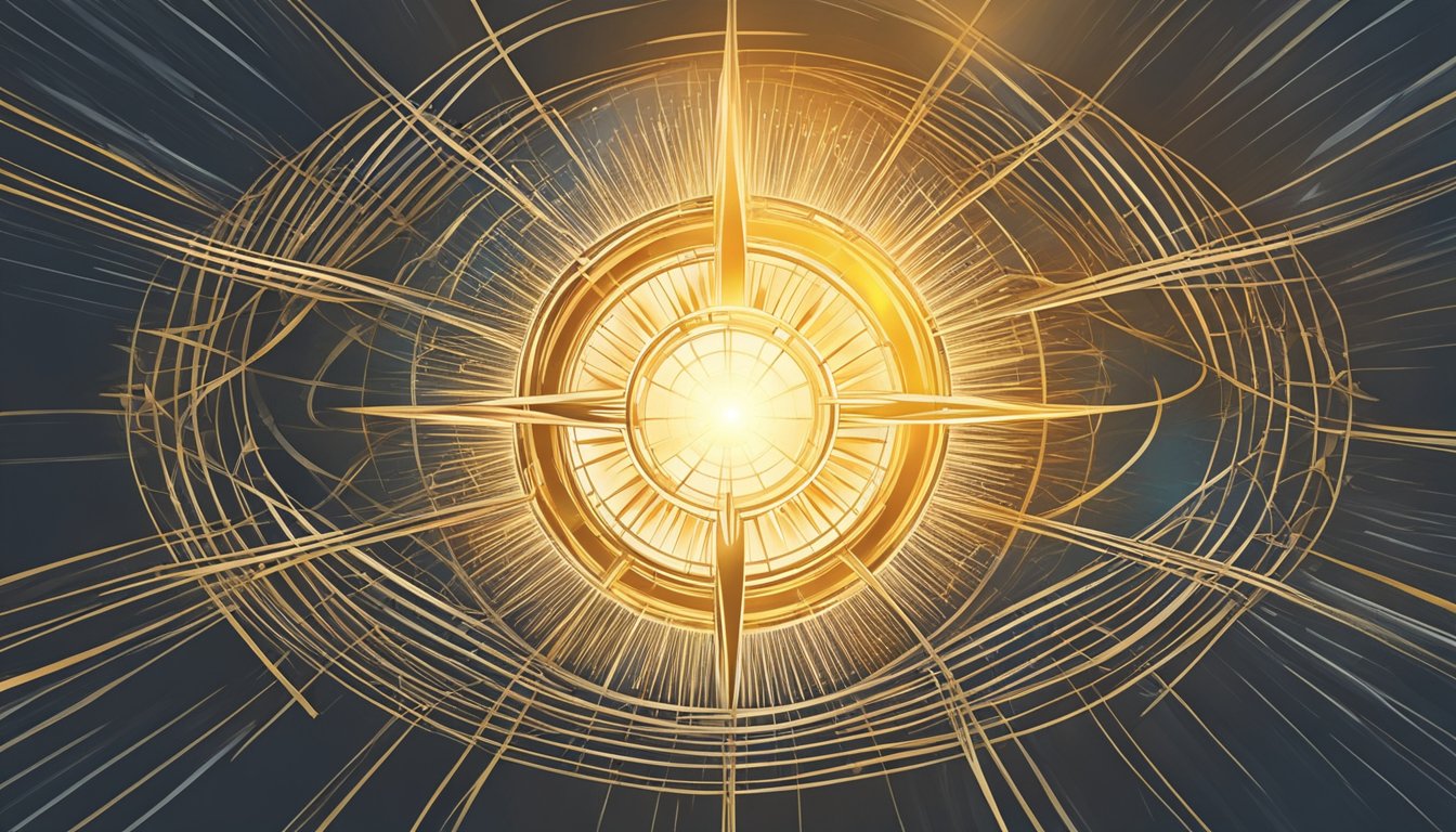 A circle surrounded by intertwining lines, with a radiant sun at its center, representing interconnectedness and enlightenment