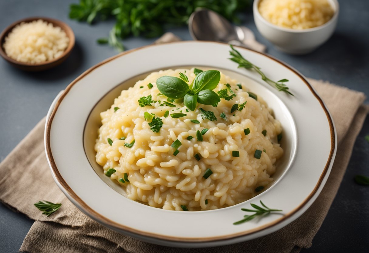 A bowl of creamy risotto with a rich, golden hue, garnished with fresh herbs and a sprinkle of parmesan cheese